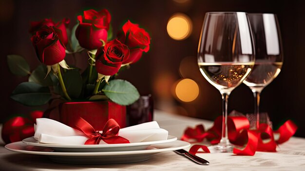 Photo mettre la table pour la fête de la saint-valentin atmosphère romantique dans un restaurant