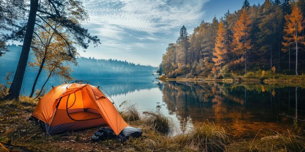 Mettre une tente dans le paysage pittoresque du lac, dans le désert, trouver la solitude dans une tente au milieu de la beauté du paysage