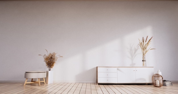 Meuble étagère minimaliste, chambre blanche japonaise moderne. rendu 3D