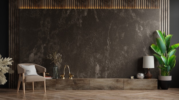 Meuble De Télévision Dans Un Salon Moderne Avec Fauteuil Et Plante Sur Mur De Marbre Foncé, Rendu 3d