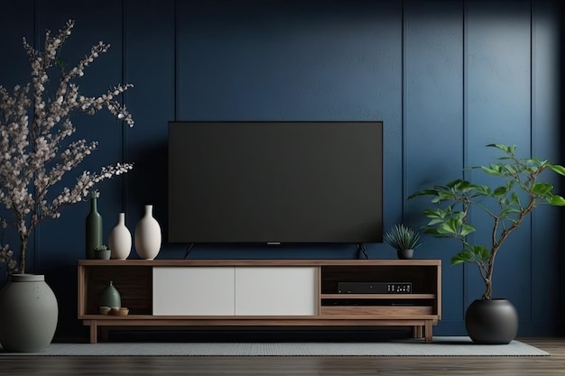 Meuble de télévision dans un salon zen moderne sur un mur bleu foncé