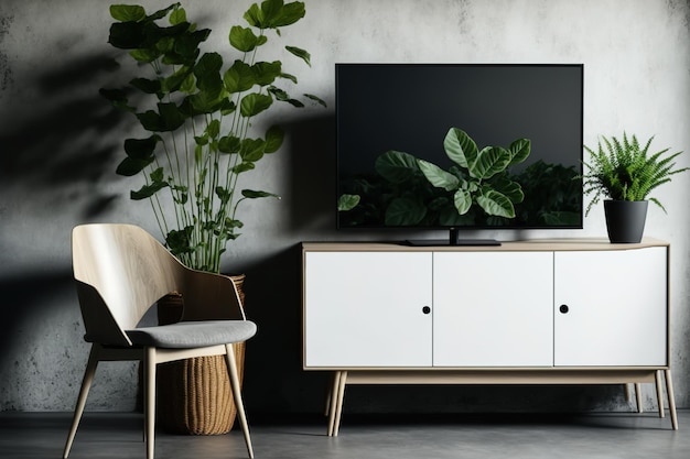Un meuble TV dans un salon contemporain avec une chaise table lumineuse fleur et plante sur fond de béton