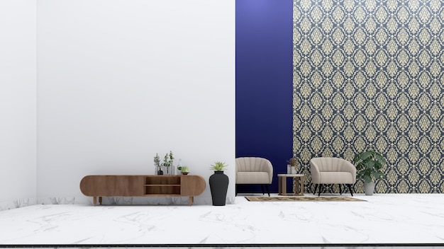 Meuble tv dans un salon moderne et luxueux avec fauteuil crème sur fond bleu, rendu 3d