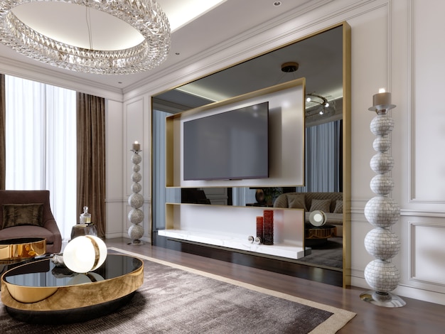 Photo meuble tv dans le salon suite avec tv dans un grand cadre noir brillant avec de grands chandeliers à proximité, appartement moderne. rendu 3d.