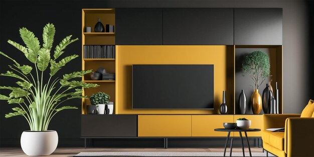 Photo meuble tv avec un design intérieur minimal moderne jaune et noir rendu 3d intérieur minimaliste
