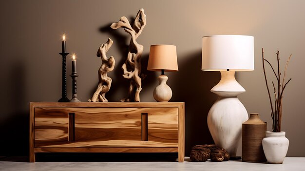 Photo meubles en bois avec objets décoratifs et éclairage