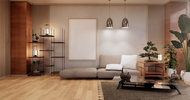 Meubles de canapé, design japonais de chambre moderne, rendu minimal.3D