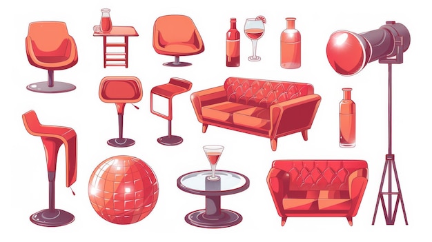 Les meubles et l'équipement d'un bar de disco sont isolés sur un fond blanc cette illustration de dessin animé moderne montre un canapé et des fauteuils une table une bouteille et un verre de cocktail une boule de miroir