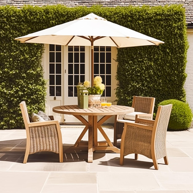 Meubles de jardin de chalet modernes décoration extérieure et maison de campagne terrasse patio chaises et table avec parapluie style country génératif ai