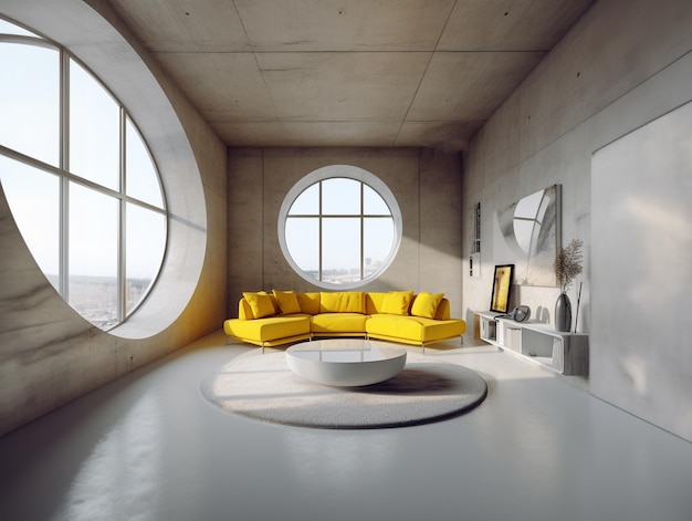 Meubles jaunes de pièce vide et image jaune propre sur le mur Design d'intérieur minimal Style loft c