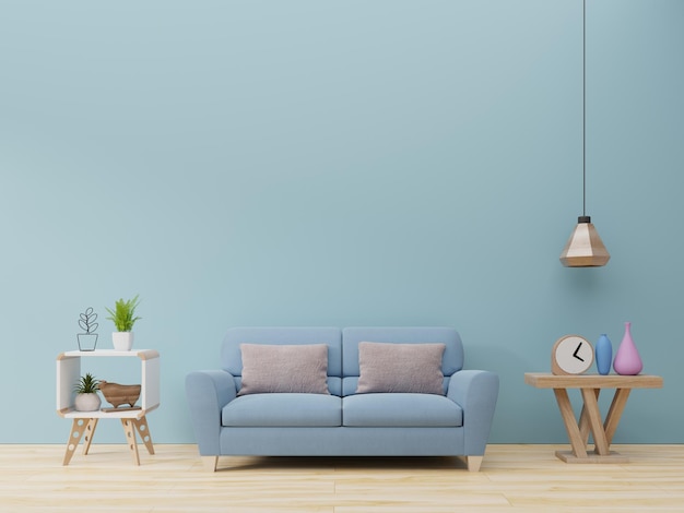 Meubles sur plancher de bois dur contre un mur bleu
