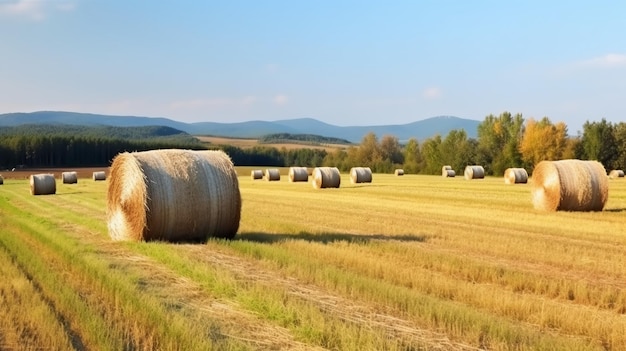 Meules de foin jaune vif et doré sur le terrain agricole