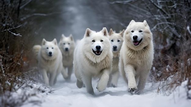 Une meute de chiens samoyèdes courant dans la neige