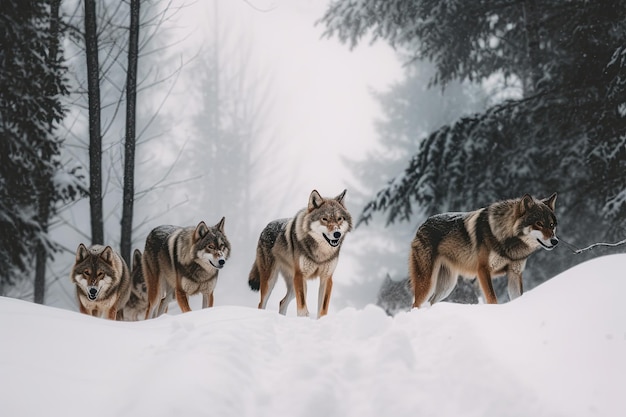 Meute de loups dans la neige