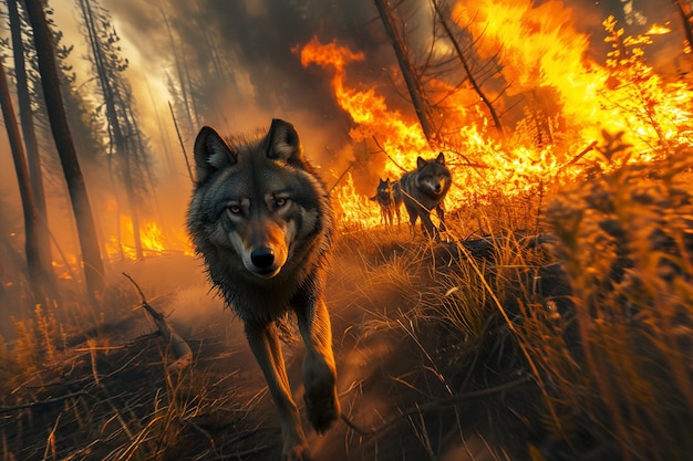 Une meute de loups échappant à un incendie forestier