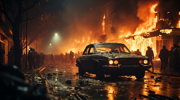 Émeutes et manifestations révolutionnaires incendiant des bâtiments et des voitures dans la ville Generative Ai