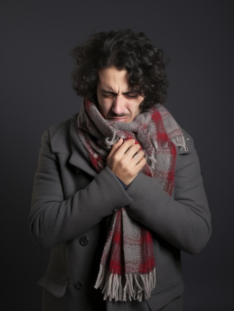 Un Mexicain souffre d'un rhume avec un nez qui coule sur un fond gris.