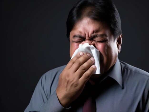 Un Mexicain souffre d'un rhume avec un nez qui coule sur un fond gris.