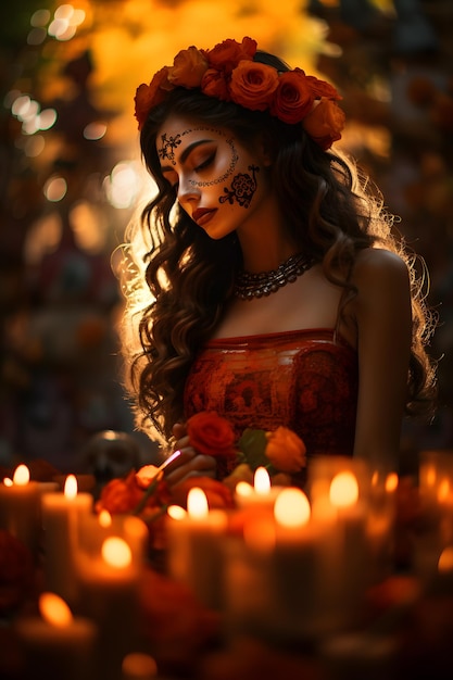 La Mexicaine Catrina se promène gracieusement dans un cimetière orné d'une abondance de bougies vacillantes
