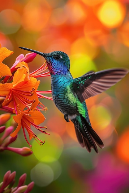 À mi-vol, le colibri à gorge ardente avec les ailes étendues près des fleurs d'orange