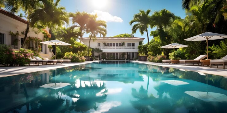 Photo miami mansion une retraite de luxe avec une piscine de jardin tropical concept retraite de luxe miami mansion jardin tropical au bord de la piscine paradise miami getaway