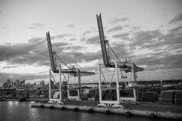 Photo miami usa 1er mars 2016 grues de fret sur ciel nuageux conteneurs dans le port de fret équipement de chargement de fret au bord de l'eau expédition de fret soir sur les toits de la ville