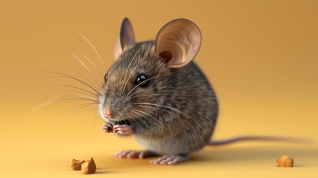 Une mice brune mignonne avec de grandes oreilles et une longue queue est assise sur un fond jaune