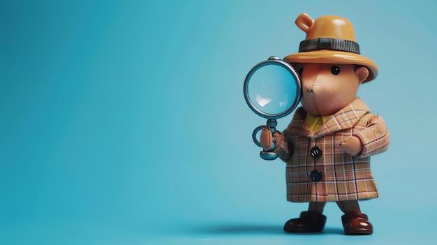 Une mice détective de dessin animé portant un chapeau brun et un manteau tient une loupe