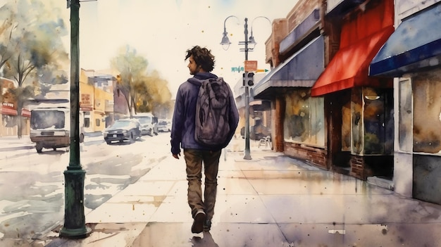 Michael marchant sur le trottoir aquarelle