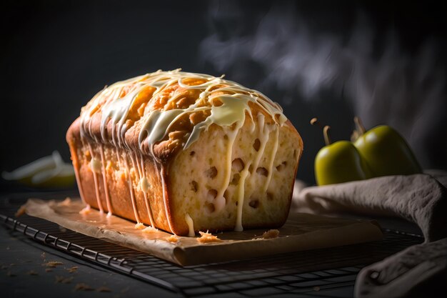 Une miche de pain aux pommes avec un glaçage blanc dessus