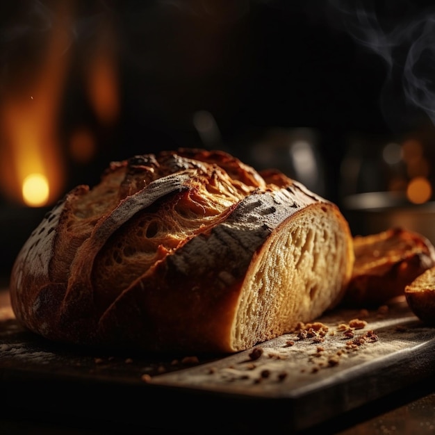 Une miche de pain avec une croûte brûlée et un morceau de pain dessus.