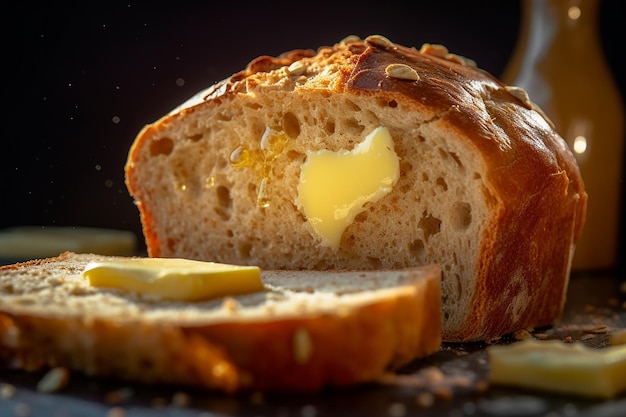 Une miche de pain avec du beurre dessus