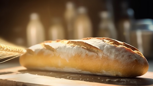 Une miche de pain est sur une planche de bois devant une bouteille de sel