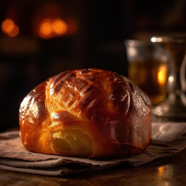 Une miche de pain est posée sur une table à côté d'un verre de bière.