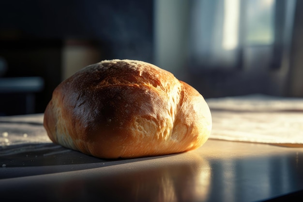 Une miche de pain est posée sur une table devant une fenêtre.