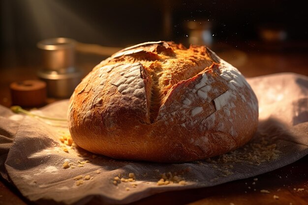 une miche de pain est sur une serviette avec une lumière qui brille dessus.