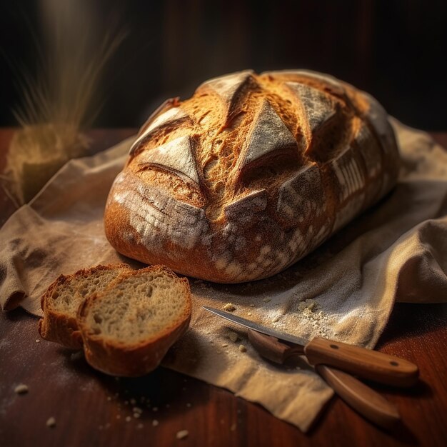 une miche de pain est sur une table à côté d'un couteau et d'une miche de blé.