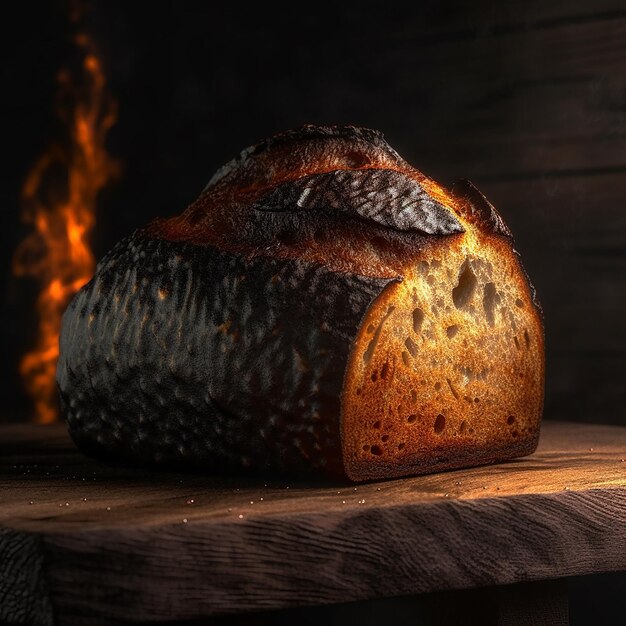 une miche de pain est sur une table avec du feu en arrière-plan.