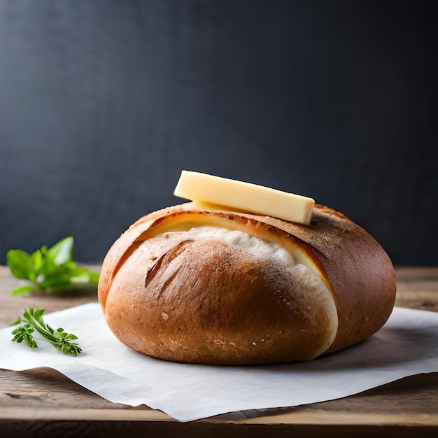 Une miche de pain avec un morceau de fromage dessus.