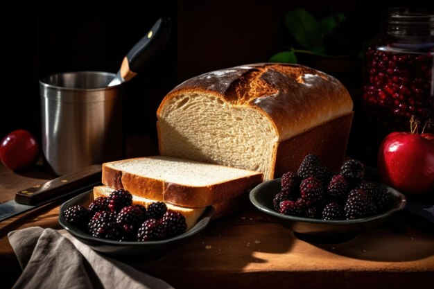 Une miche de pain et des mûres sont sur une table.