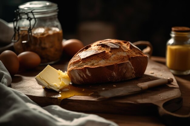 Miche de pain rustique et beurre Generative Ai