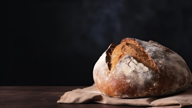 Une miche de pain sur une table avec un fond noir.