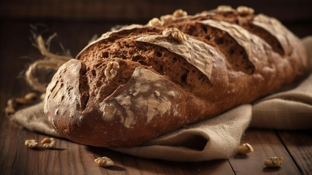 Une miche de pain sur une table avec un sac de flocons d'avoine dessus