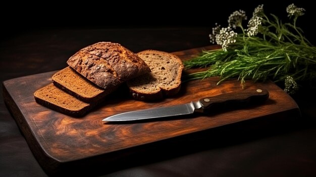 une miche de pain et un verre de lait sur une planche en bois