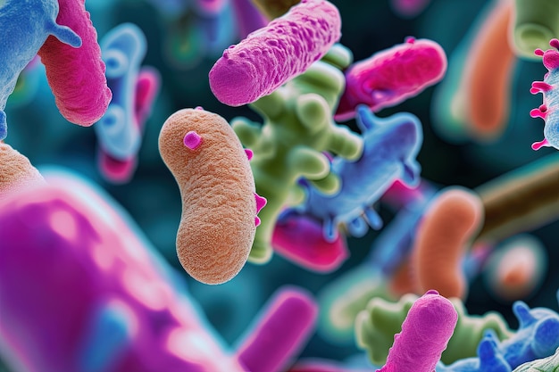 Microbes et bactéries de différentes couleurs et formes