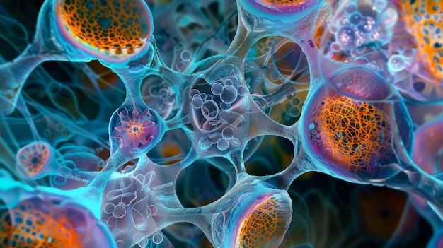 Photo une micrographie illustrant le réseau complexe de microtubules et de microfilaments dans une cellule qui