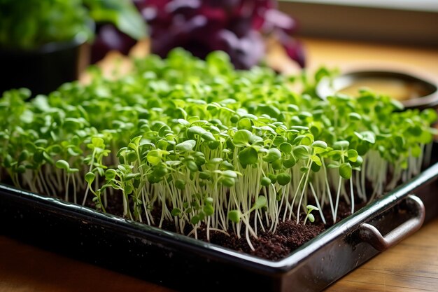 Microgreens à l'arrière-plan avec des germes de microgreens sur la table en bois