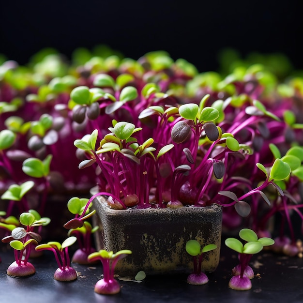 Microgreens Closeup dans un pot en verre Graines germées Super-aliments biologiques Aliments sains et frais