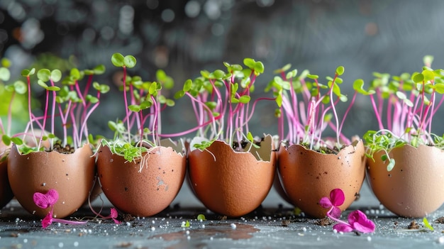 Microgreens dans des coquilles d'œufs concept de printemps et de Pâques Copier l'espace