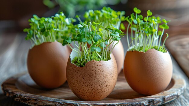 Microgreens dans des coquilles d'œufs concept de printemps et de Pâques Copier l'espace